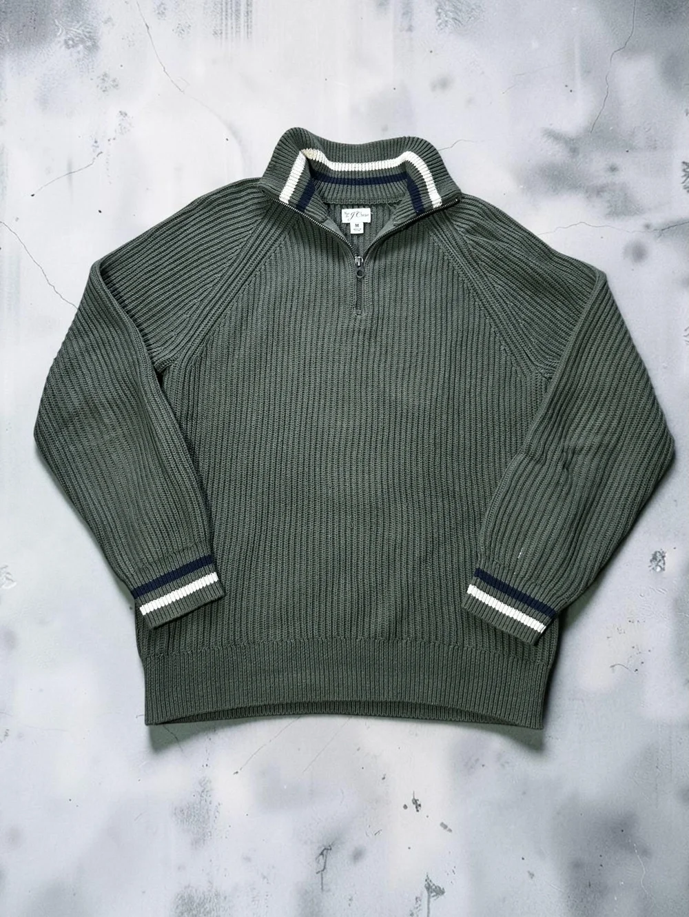 J Crew Mens Medium Olive Green Ribbed Quarter Zip Sweater Tipped Collar Raglan M